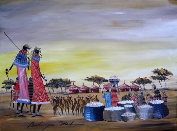 Africaine œuvres - Femmes Massaïs avec des paniers et des chèvres de l’Afrique